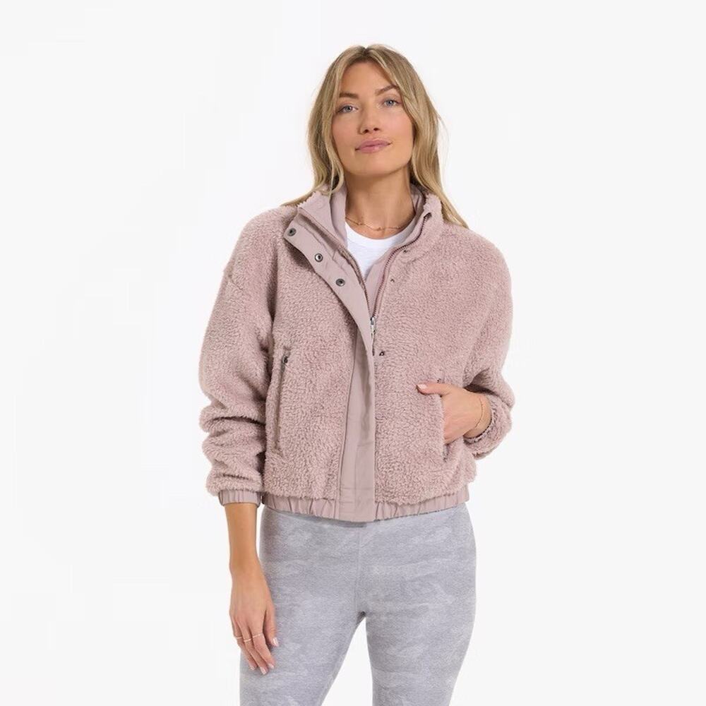 Vuori Cozy Sherpa Jacket Women’s Small Full Zip Fuzzy Fleece Cropped Boxy Umber